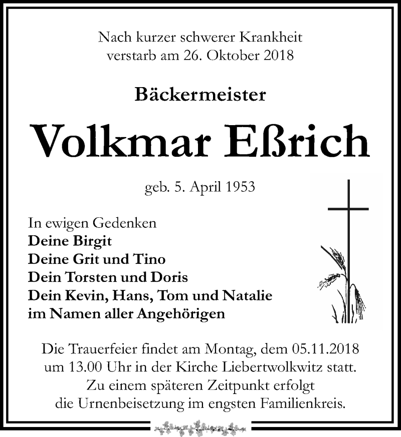  Traueranzeige für Volkmar Eßrich vom 03.11.2018 aus Leipziger Volkszeitung