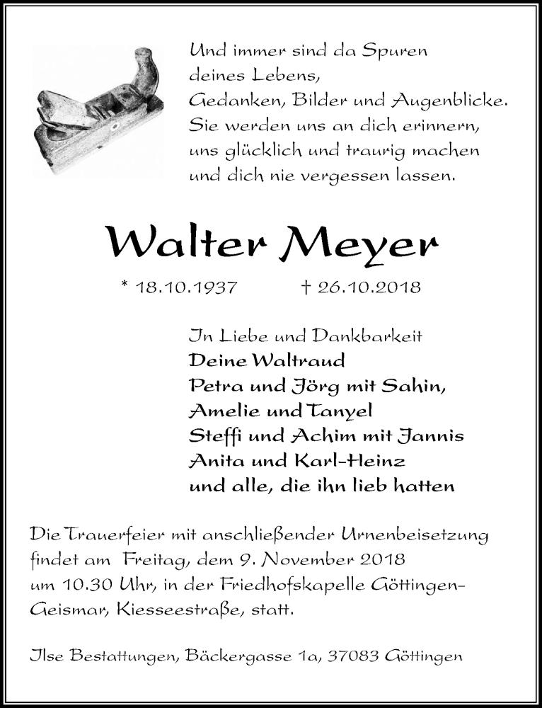  Traueranzeige für Walter Meyer vom 03.11.2018 aus Göttinger Tageblatt