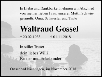 Traueranzeige von Waltraud Gossel von Ostsee-Zeitung GmbH