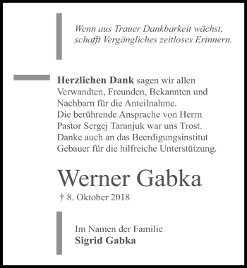 Traueranzeige von Werner Gabka von Aller Zeitung