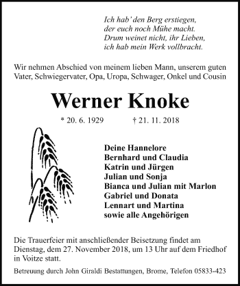 Traueranzeige von Werner Knoke von Aller Zeitung