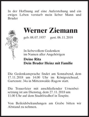 Traueranzeige von Werner Ziemann von Märkischen Allgemeine Zeitung