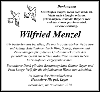 Traueranzeige von Wilfried Menzel von Märkischen Allgemeine Zeitung