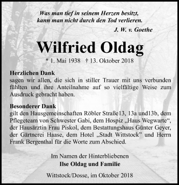 Traueranzeige von Wilfried Oldag von Märkischen Allgemeine Zeitung