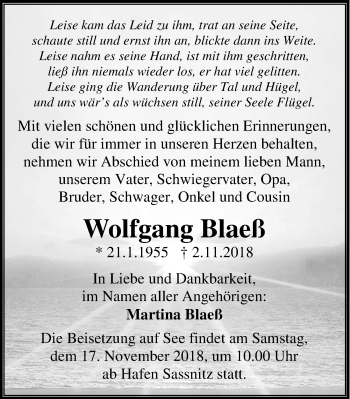 Traueranzeige von Wolfgang Blaeß von Ostsee-Zeitung GmbH