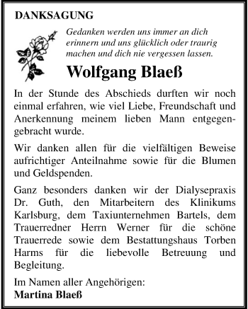 Traueranzeige von Wolfgang Blaeß von Ostsee-Zeitung GmbH