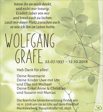 Traueranzeige von Wolfgang Grafe von Leipziger Volkszeitung