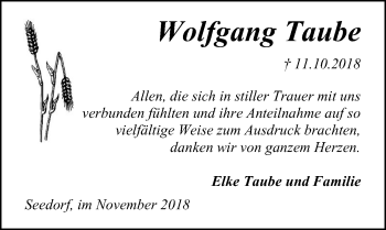 Traueranzeige von Wolfgang Taube von Lübecker Nachrichten