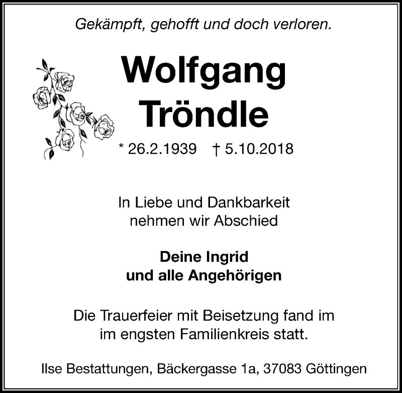  Traueranzeige für Wolfgang Tröndle vom 03.11.2018 aus Göttinger Tageblatt