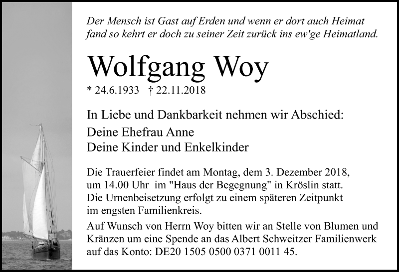  Traueranzeige für Wolfgang Woy vom 28.11.2018 aus Ostsee-Zeitung GmbH