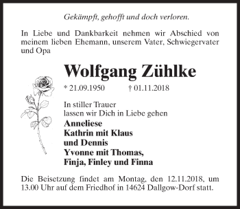 Traueranzeige von Wolfgang Zühlke von Märkischen Allgemeine Zeitung