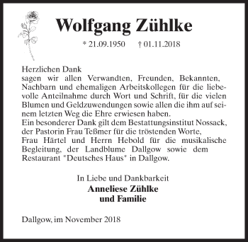 Traueranzeige von Wolfgang Zühlke von Märkischen Allgemeine Zeitung