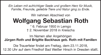 Traueranzeige von Wolfgang Sebastian Roth von Dresdner Neue Nachrichten