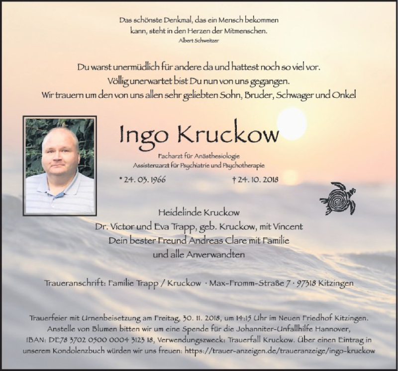  Traueranzeige für Ingo Kruckow vom 17.11.2018 aus Hannoversche Allgemeine/Neue Presse