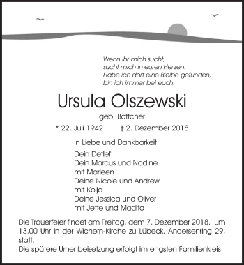 Traueranzeige von Ursula Olszewski von Lübecker Nachrichten GmbH