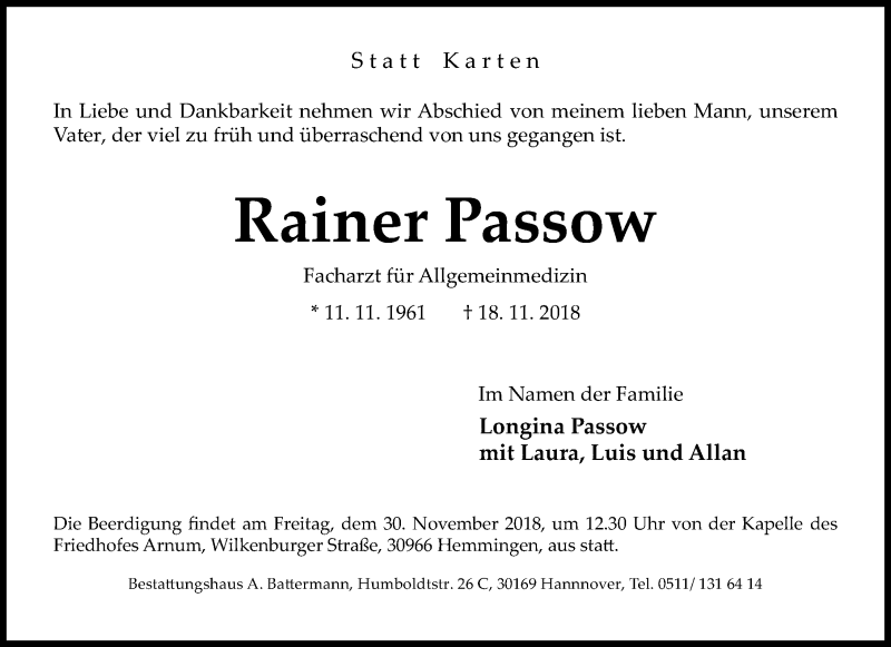  Traueranzeige für Rainer Passow vom 24.11.2018 aus Hannoversche Allgemeine Zeitung