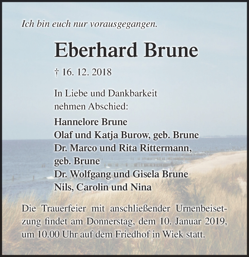  Traueranzeige für Eberhard Brune vom 24.12.2018 aus Ostsee Zeitung