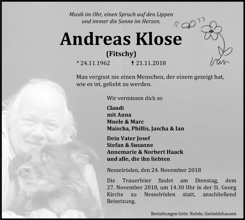  Traueranzeige für Andreas Klose vom 24.11.2018 aus Eichsfelder Tageblatt