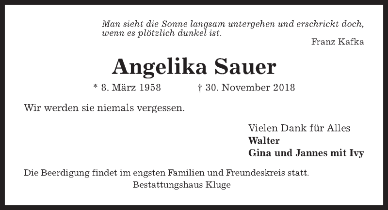  Traueranzeige für Angelika Sauer vom 08.12.2018 aus Hannoversche Allgemeine Zeitung/Neue Presse
