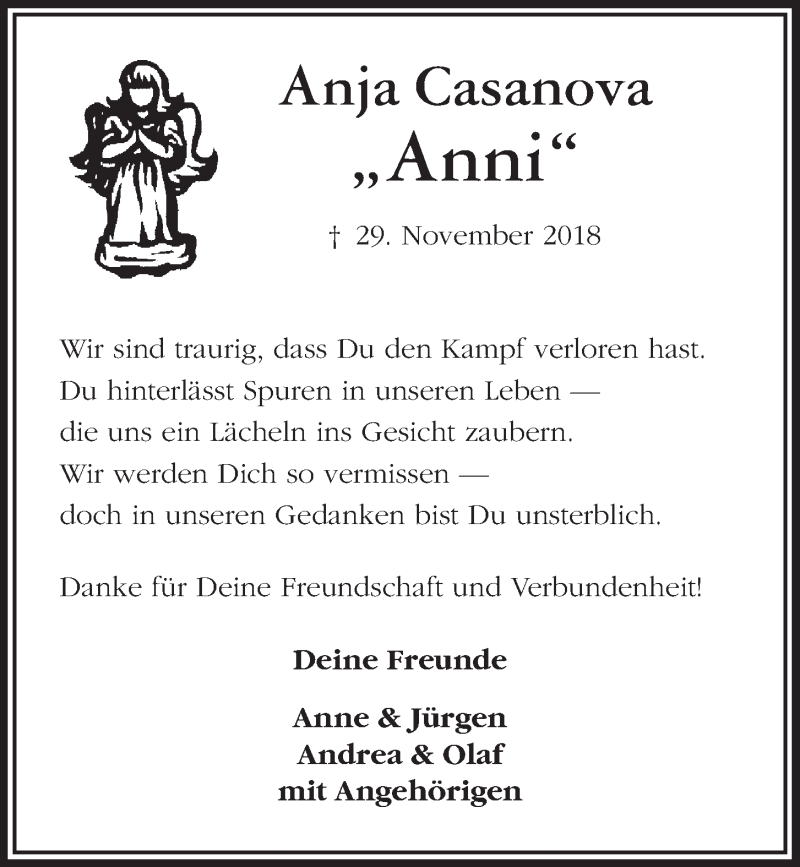  Traueranzeige für Anja Casanova vom 04.12.2018 aus Kieler Nachrichten