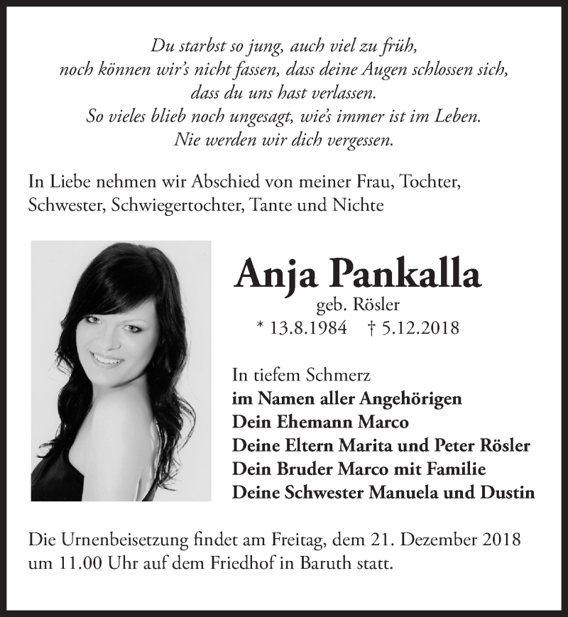  Traueranzeige für Anja Pankalla vom 15.12.2018 aus Märkischen Allgemeine Zeitung
