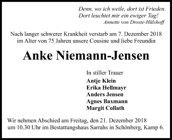Traueranzeige von Anke Niemann-Jensen von Kieler Nachrichten