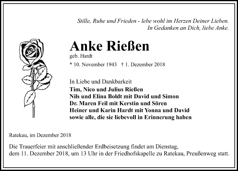  Traueranzeige für Anke Rießen vom 09.12.2018 aus Lübecker Nachrichten