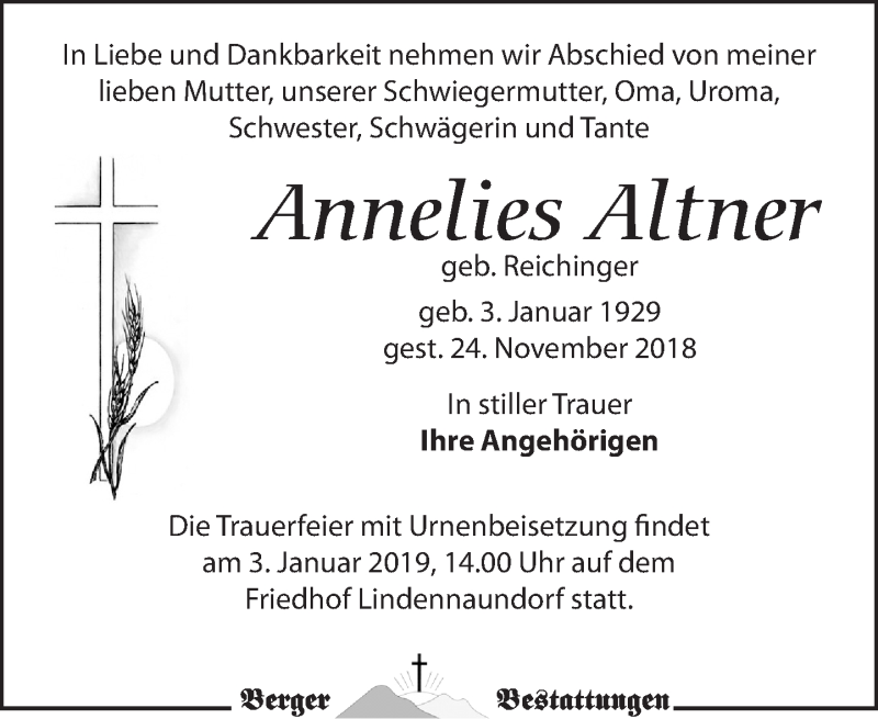  Traueranzeige für Annelies Altner vom 22.12.2018 aus Leipziger Volkszeitung