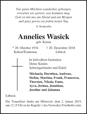 Traueranzeige von Annelies Wasick von Lübecker Nachrichten