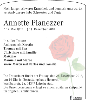 Traueranzeige von Annette Pianezzer von Leipziger Volkszeitung