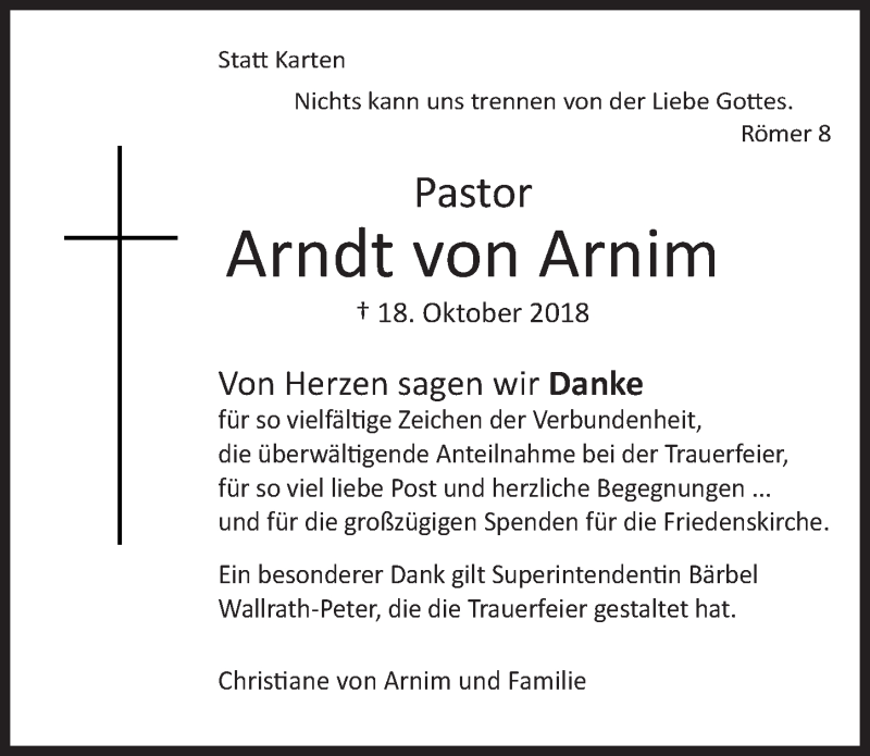  Traueranzeige für Arndt von Arnim vom 24.11.2018 aus Hannoversche Allgemeine Zeitung/Neue Presse