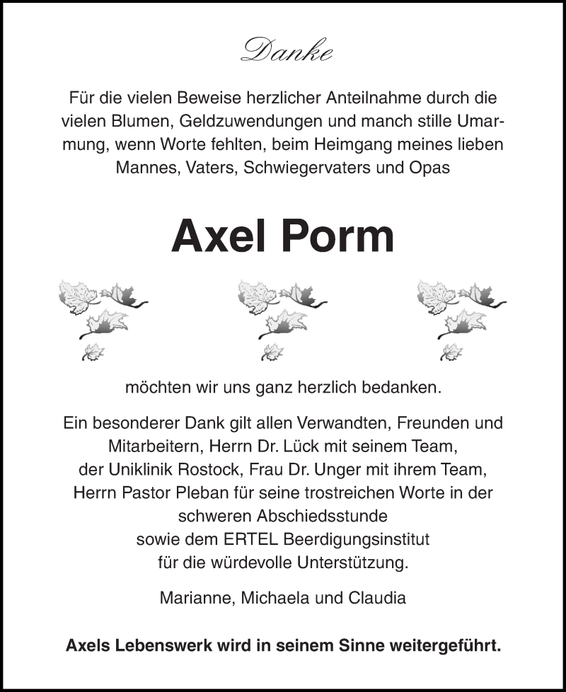  Traueranzeige für Axel Porm vom 22.12.2018 aus Ostsee-Zeitung GmbH