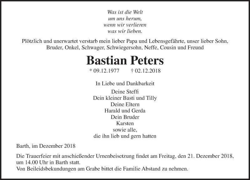  Traueranzeige für Bastian Peters vom 08.12.2018 aus Ostsee-Zeitung GmbH