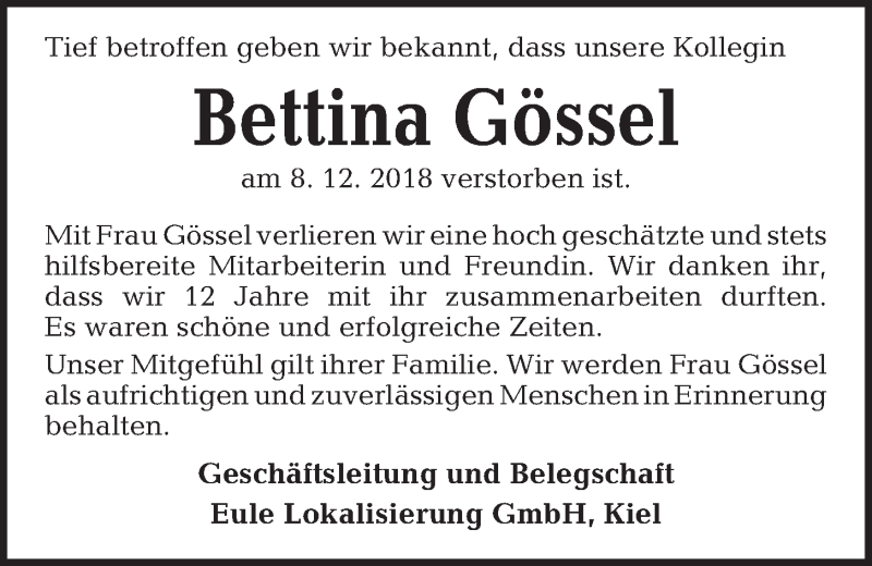  Traueranzeige für Bettina Gössel vom 15.12.2018 aus Kieler Nachrichten