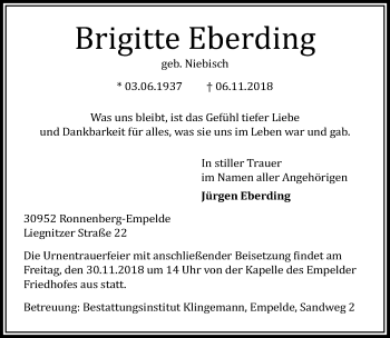 Traueranzeige von Brigitte Eberding von Hannoversche Allgemeine Zeitung/Neue Presse