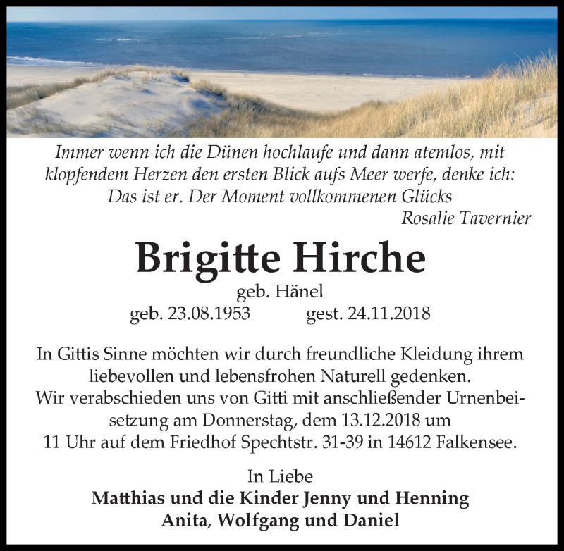 Traueranzeige für Brigitte Hirche vom 01.12.2018 aus Märkischen Allgemeine Zeitung