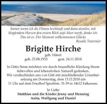 Traueranzeige von Brigitte Hirche von Märkischen Allgemeine Zeitung