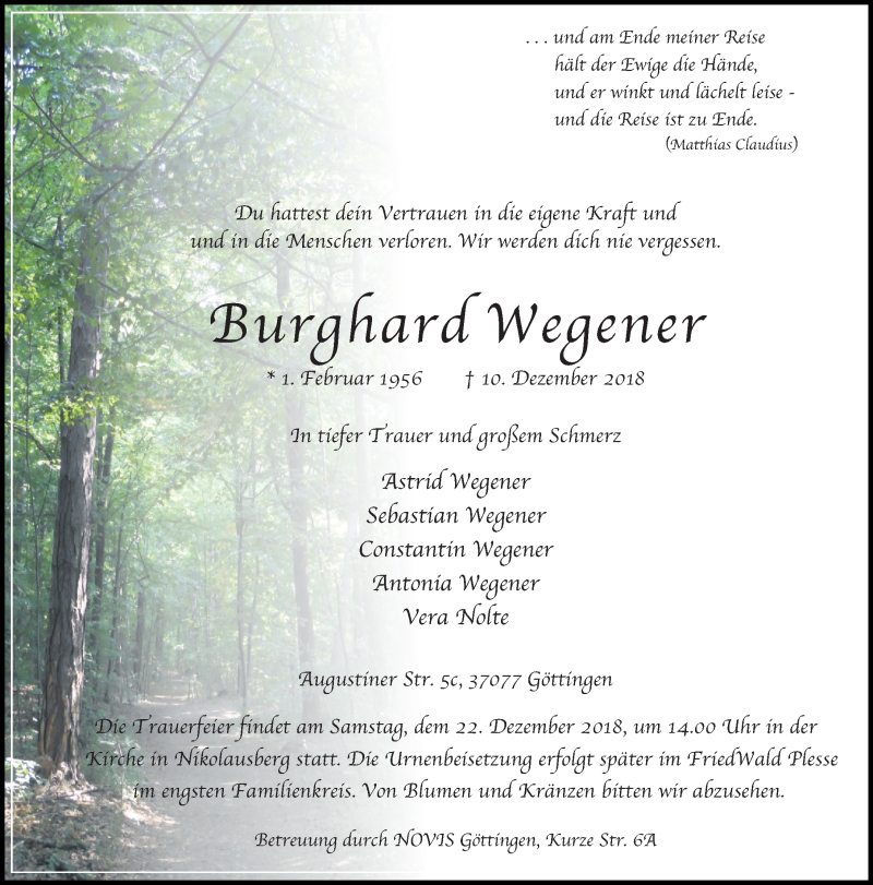  Traueranzeige für Burghard Wegener vom 15.12.2018 aus Göttinger Tageblatt