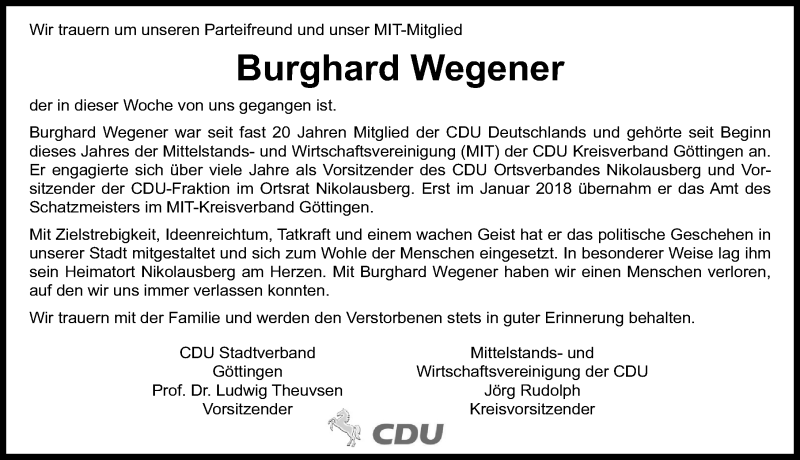  Traueranzeige für Burghard Wegener vom 15.12.2018 aus Göttinger Tageblatt