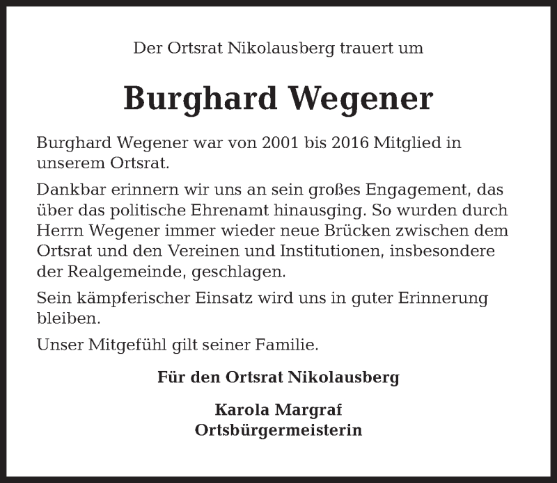  Traueranzeige für Burghard Wegener vom 22.12.2018 aus Göttinger Tageblatt