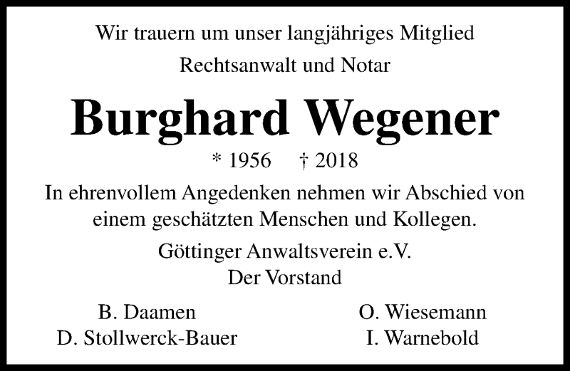  Traueranzeige für Burghard Wegener vom 22.12.2018 aus Göttinger Tageblatt