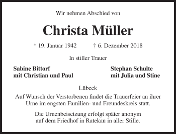 Traueranzeige von Christa Müller von Lübecker Nachrichten