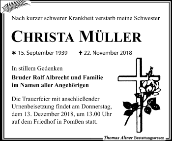 Traueranzeige von Christa Müller von Leipziger Volkszeitung