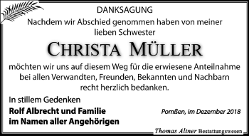 Traueranzeige von Christa Müller von Leipziger Volkszeitung