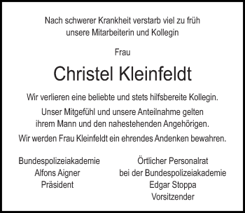 Traueranzeige von Christel Kleinfeldt von Lübecker Nachrichten