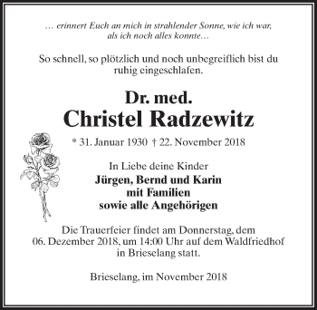 Traueranzeige von Christel Radzewitz von Märkischen Allgemeine Zeitung