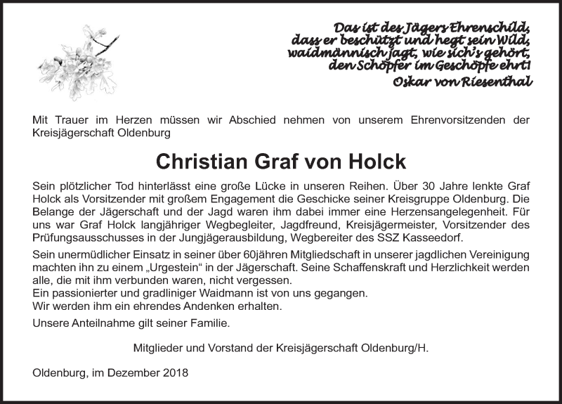  Traueranzeige für Christian Graf von Holck vom 07.12.2018 aus Lübecker Nachrichten