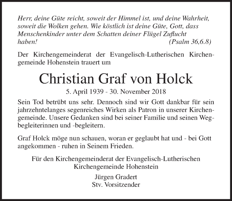  Traueranzeige für Christian Graf von Holck vom 07.12.2018 aus Lübecker Nachrichten