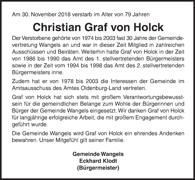  Traueranzeige für Christian Graf von Holck vom 08.12.2018 aus Lübecker Nachrichten