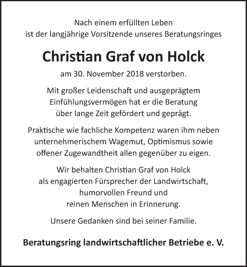  Traueranzeige für Christian Graf von Holck vom 16.12.2018 aus Lübecker Nachrichten